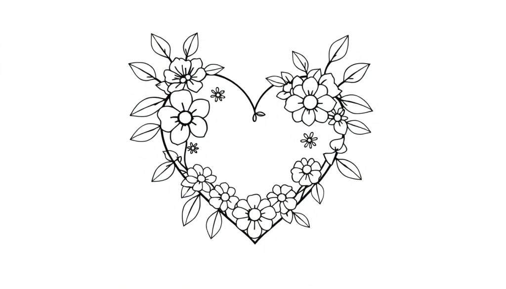 Zwart-wit lijntekening van een hart gevormd door bloemen en bladeren, geschikt als kleurplaat.