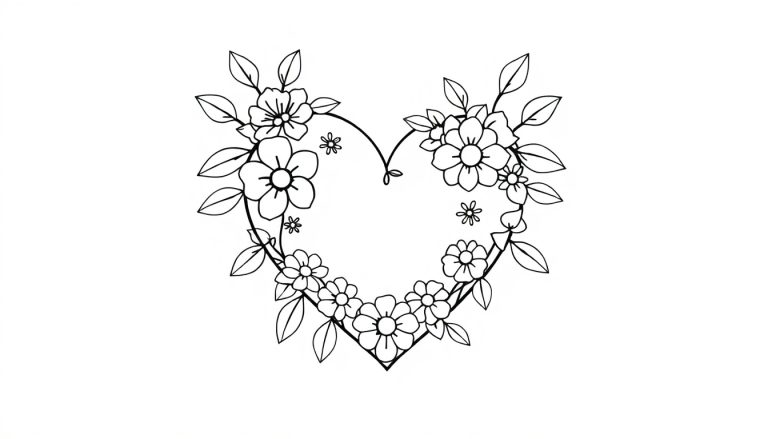 Zwart-wit lijntekening van een hart gevormd door bloemen en bladeren, geschikt als kleurplaat.