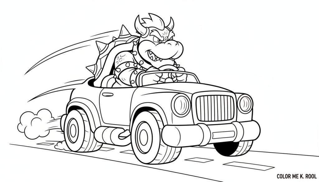 Zwart-wit lijntekening van Bowser die dreigend lachend in een open auto rijdt, met snelheidslijnen en rook achter het wiel. Rechtsonder de tekst 'COLOR ME K. ROOL'.