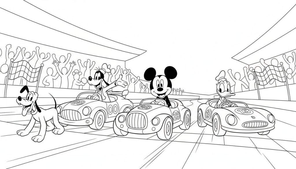 Kleurplaat van een Disney autorace met Mickey Mouse, Goofy en Donald Duck in raceauto's, en Pluto die langs de baan rent, met juichend publiek en geblokte vlaggen.
