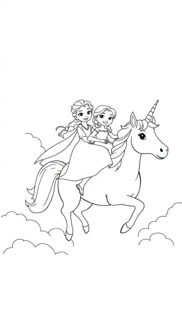 Een zwart-wit lijntekening van prinses Elsa en Anna die samen op een eenhoorn vliegen, omringd door wolken.
