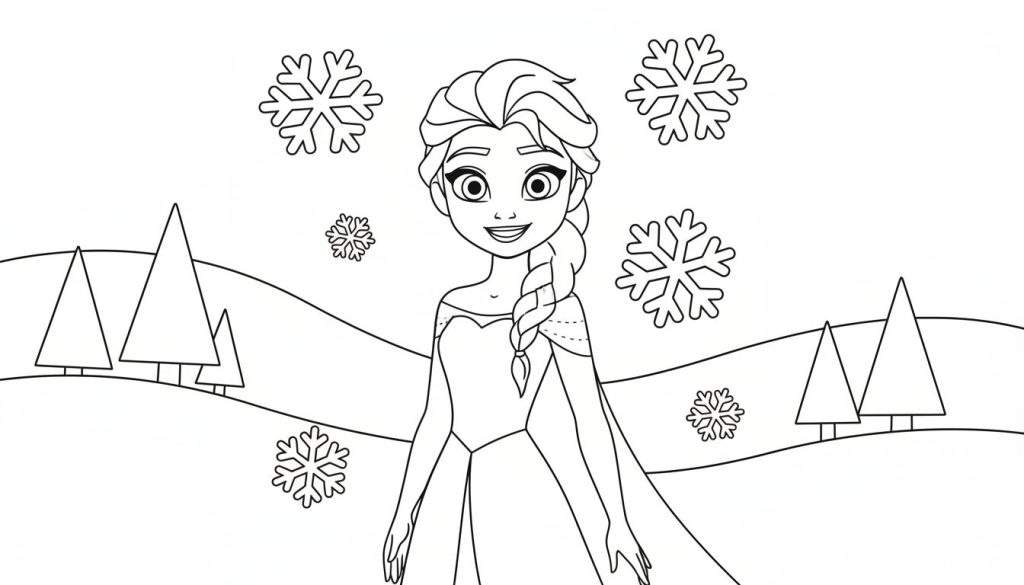 Kleurplaat van Elsa uit Frozen, lachend in een besneeuwd landschap met sneeuwvlokken en bomen.