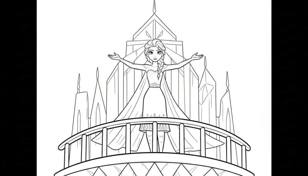 Zwart-wit lijntekening van Disney's Elsa, staand op een balkon met haar armen wijd uitgestrekt, met een indrukwekkend ijskasteel op de achtergrond. Geschikt als kleurplaat.