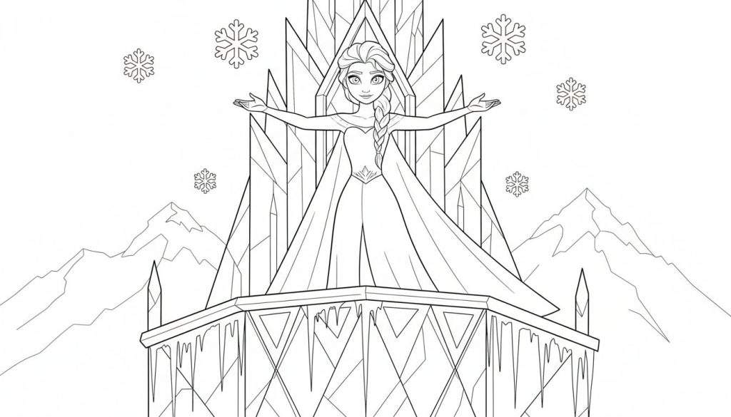 Zwart-wit kleurplaat van een jonge vrouw, vergelijkbaar met Elsa, met een vlecht en lange jurk, staand op een balkon met ijspegels. Op de achtergrond zie je een ijspaleis en besneeuwde bergen, met sneeuwvlokken in de lucht.