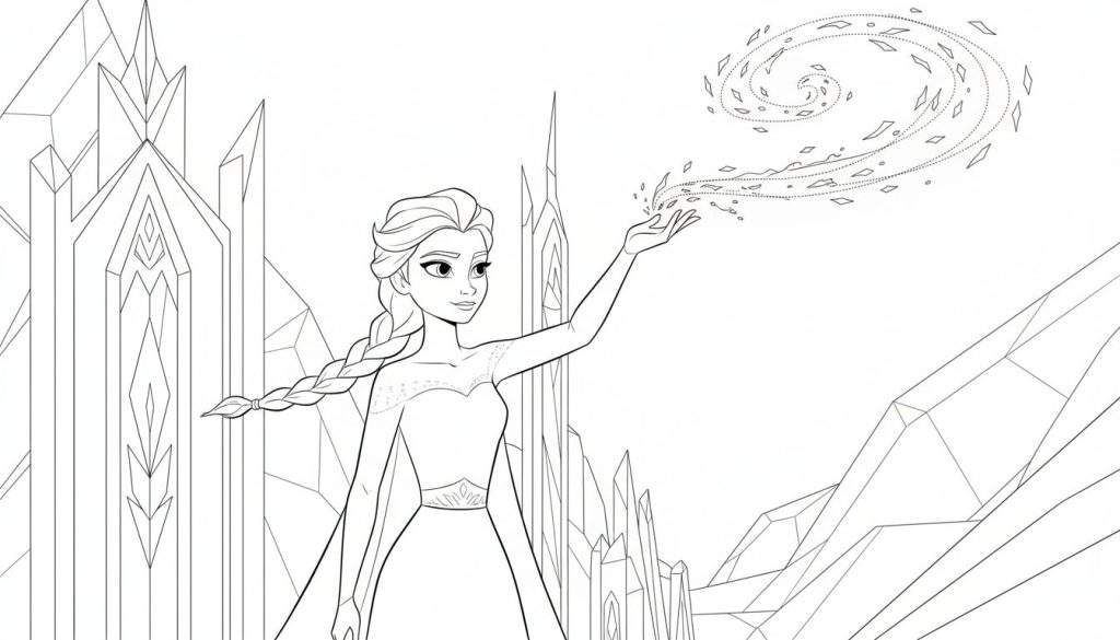 Kleurplaat van Elsa met haar handen omhoog, waaruit ijsmagie stroomt in een spiraal van kristallen, met een achtergrond van geometrische ijsformaties.