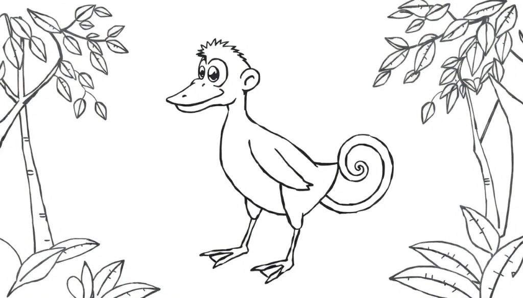 Kleurplaat van een fantasiedier met een eendensnavel, zwemvliezen, aapachtige ogen en oren, stekelig haar, kleine vleugels en een gekrulde staart, in een bosrijke omgeving.