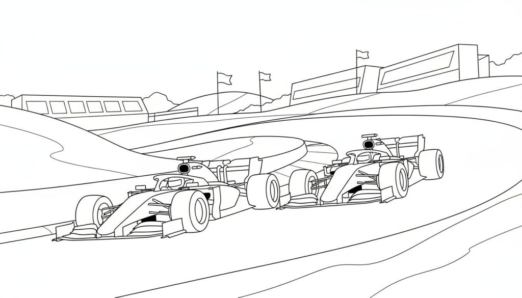 Zwart-wit lijntekening van twee Formule 1 raceauto's die op een bochtig circuit racen, met gebouwen en vlaggen op de achtergrond.