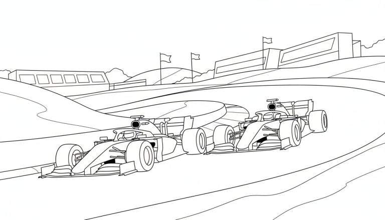 Zwart-wit lijntekening van twee Formule 1 raceauto's die op een bochtig circuit racen, met gebouwen en vlaggen op de achtergrond.
