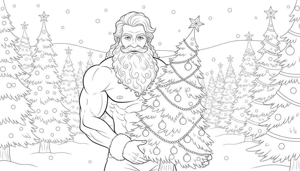 Zwart-wit lijntekening van een gespierde Kerstman met baard en golvend haar, die een kleine versierde kerstboom vasthoudt in een winterlandschap met dennenbomen en vallende sneeuw.