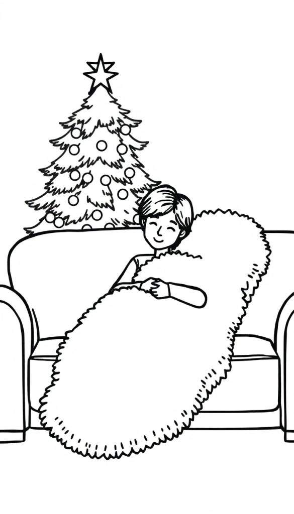 Kleurplaat van een lachend kind in een deken voor een kerstboom.