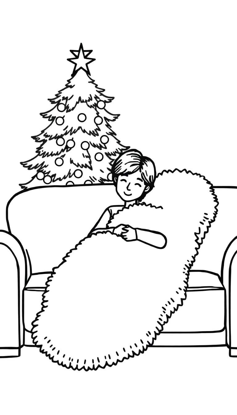 Kleurplaat van een lachend kind in een deken voor een kerstboom.