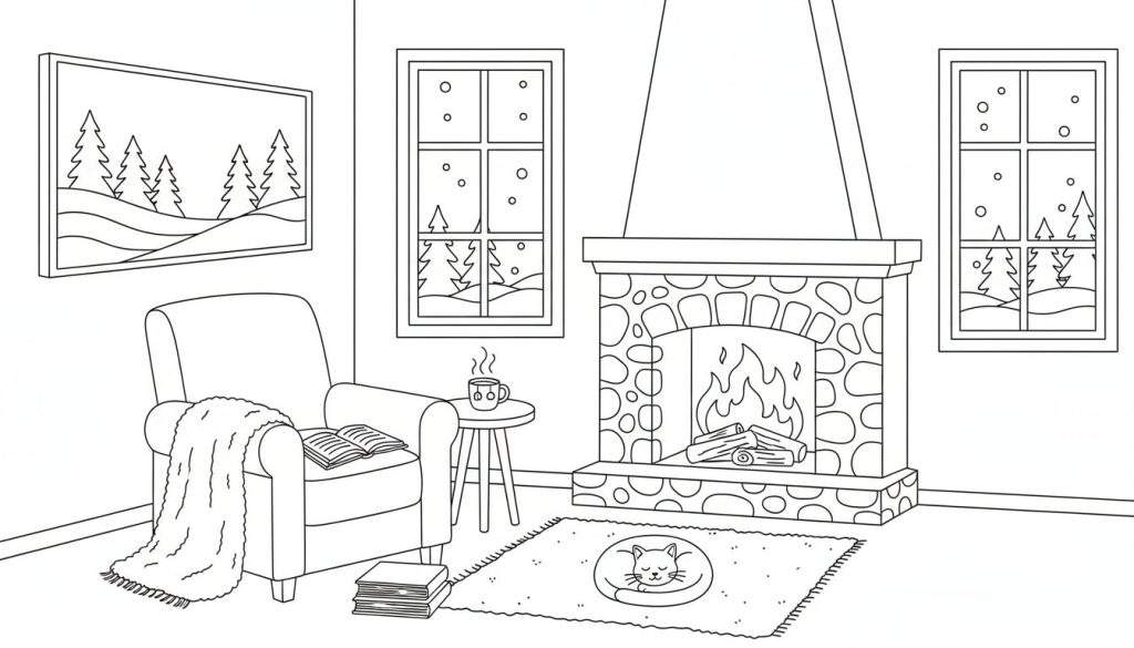 Kleurplaat van een gezellige winterkamer met open haard, fauteuil, kat en besneeuwd landschap.