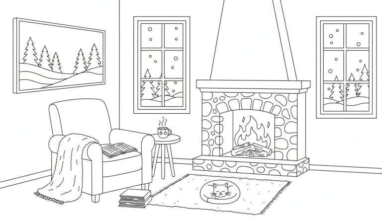 Kleurplaat van een gezellige winterkamer met open haard, fauteuil, kat en besneeuwd landschap.