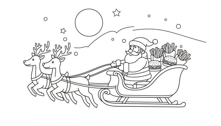 Zwart-witte kleurplaat van de Kerstman in zijn slee getrokken door rendieren, met de slee gevuld met frietjes en hamburgers, onder een nachtelijke hemel met maan en sterren.