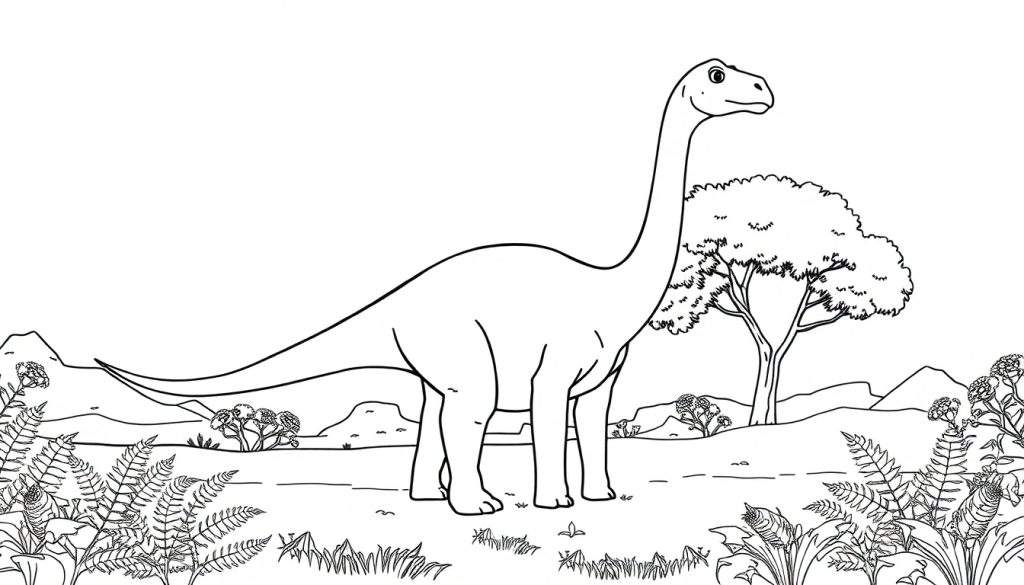 Kleurplaat van een grote, langnekkige dinosaurus met een glimlach, omringd door varens, bloemen, bomen en glooiende heuvels.
