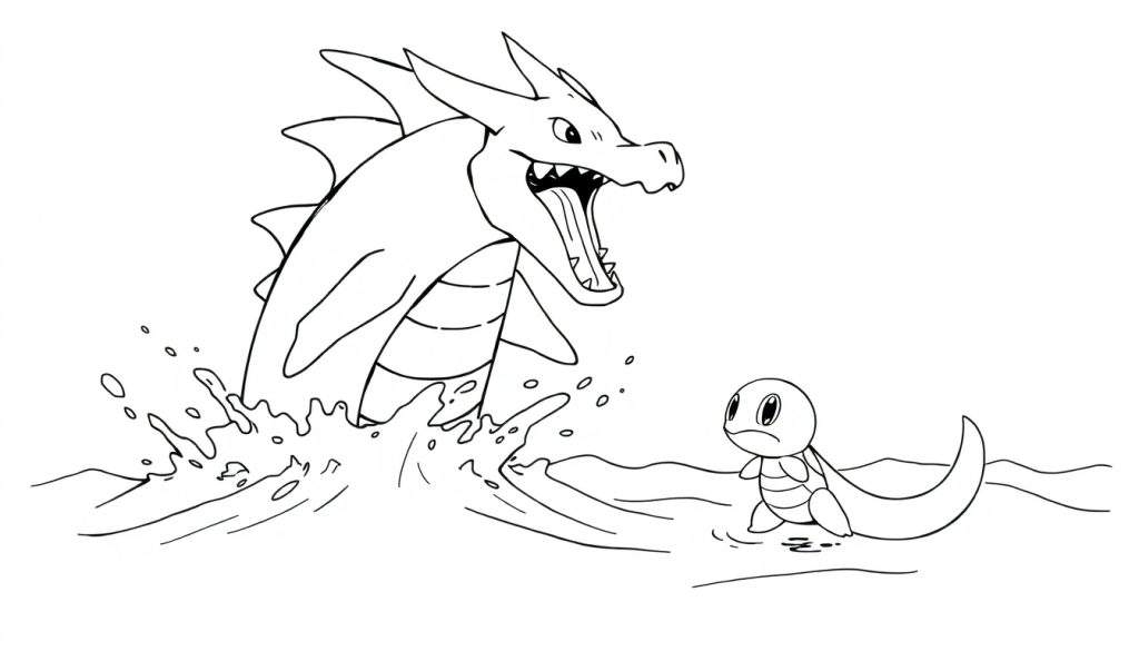 Zwart-wit kleurplaat van de Pokémon Gyarados die dreigend boven het water uitkomt, met een angstige Squirtle in het ondiepe water aan de rechterkant.