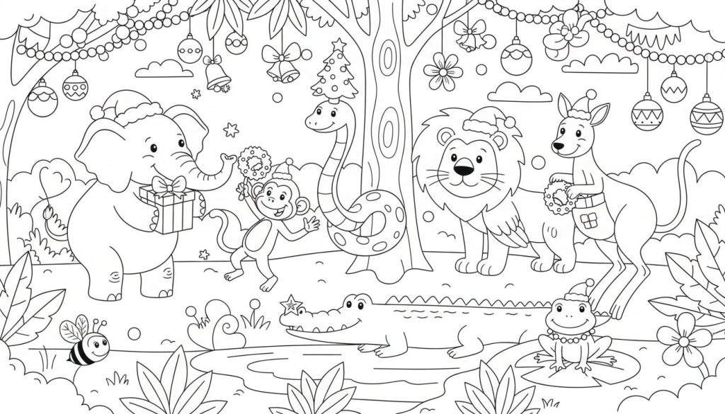 Kleurplaat van dieren in een jungle met kerstversieringen: olifant met cadeaus, aap met krans, slang om boomstronk met kerstboom, leeuw, kangoeroe met krans, krokodil met ster, en kikker met parelketting.