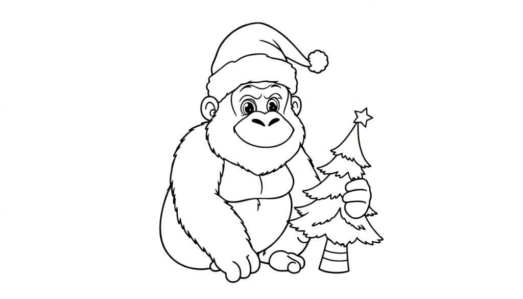 Zwart-wit kleurplaat van een lachende gorilla met een kerstmuts en een kerstboom.
