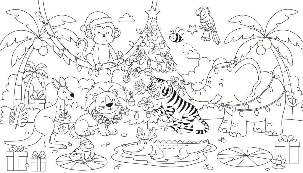 Zwart-wit lijntekening van een jungle met kerstversiering en dieren die kerst vieren.