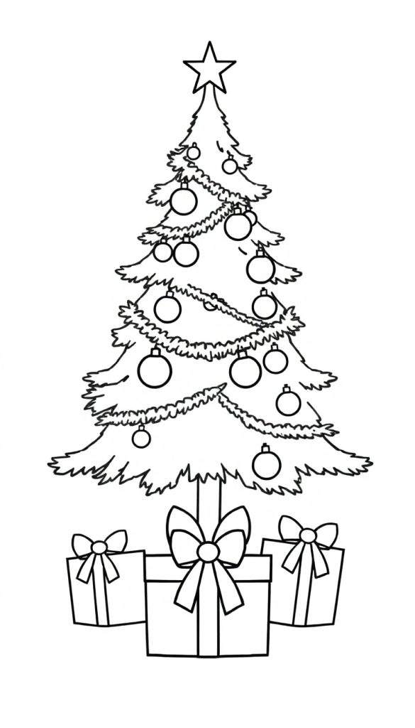 Kleurplaat van een versierde kerstboom met slingers, kerstballen, een ster bovenaan en drie cadeaus met strikken eronder.