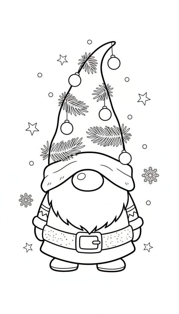 Zwart-wit lijntekening van een vriendelijke kabouter met een kerstmuts, sterren en sneeuwvlokken als kleurplaat.