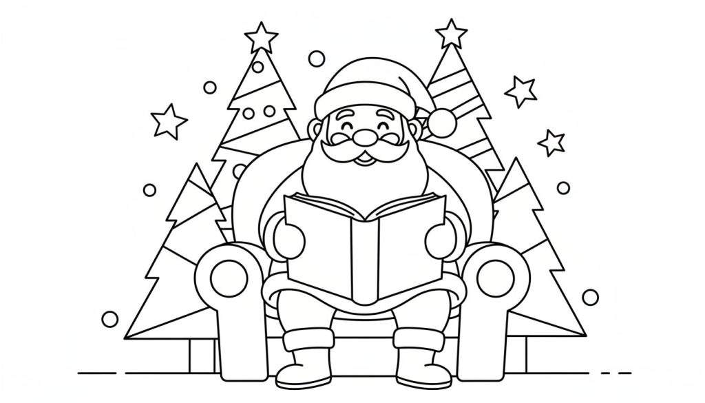 Zwart-wit lijntekening van een lachende Kerstman met baard en muts, zittend in een fauteuil met een boek. Twee kerstbomen met sterren en ballen staan achter hem. Sterren en cirkels zweven rondom.
