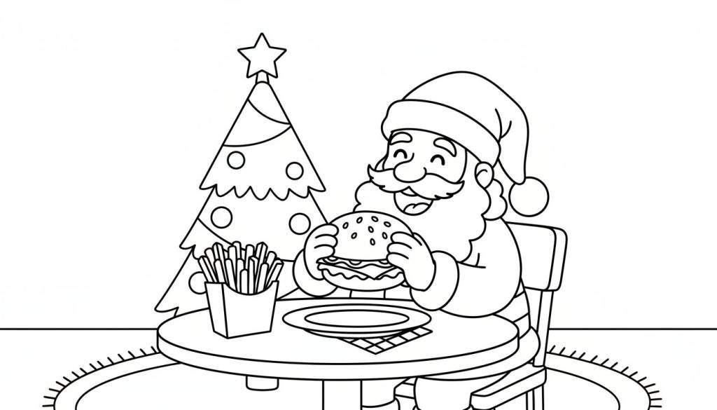 Kleurplaat van de Kerstman met een grote lach die een hamburger vasthoudt, met een kerstboom en frietjes op tafel.