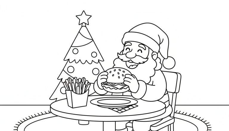 Kleurplaat van de Kerstman met een grote lach die een hamburger vasthoudt, met een kerstboom en frietjes op tafel.