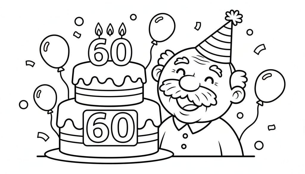Zwart-wit lijntekening van een kleurplaat: een blije oudere man met snor en feesthoedje, een tweelaagse verjaardagstaart met '60' kaarsjes en decoratie, zwevende ballonnen en confetti.