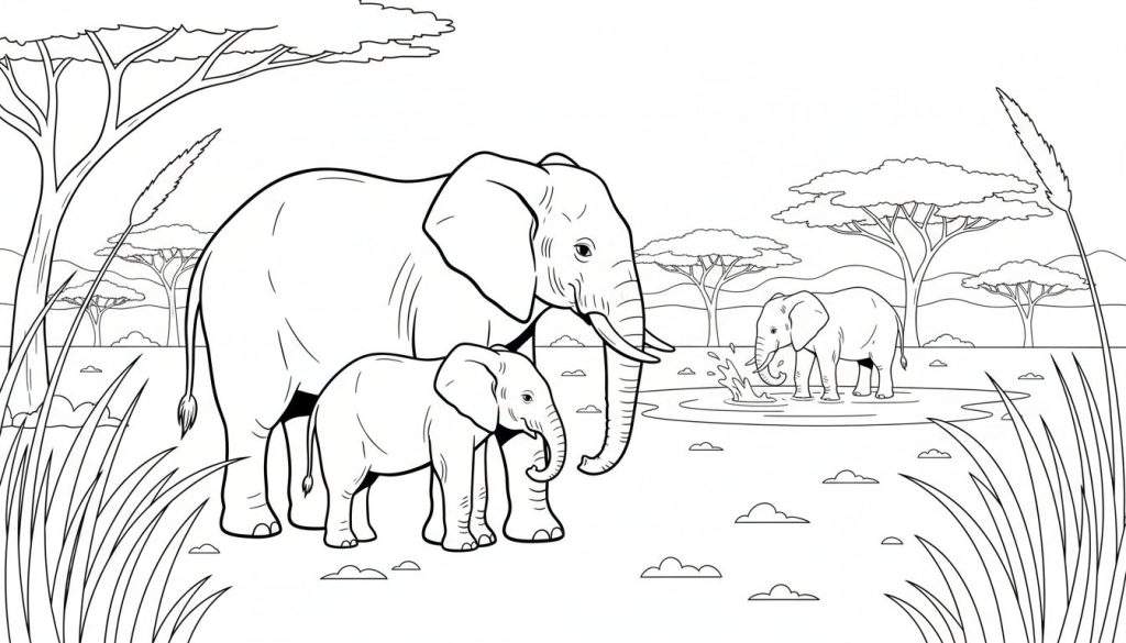 Kleurplaat lijntekening van drie olifanten in een Afrikaanse savanne, met acaciabomen, hoog gras en een waterpoel.