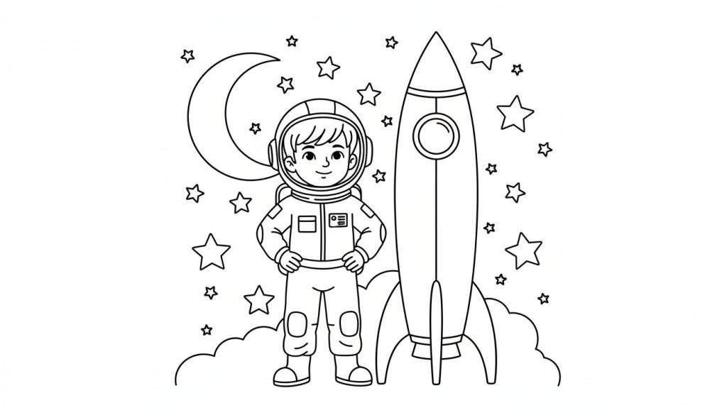 Kleurplaat van een lachende jongen in een astronautenpak met handen in de zij, naast een puntige raket met een rond venster en drie stabilisatievinnen. Op de achtergrond een halve maan, talloze sterren en wolkjes onder de raket.