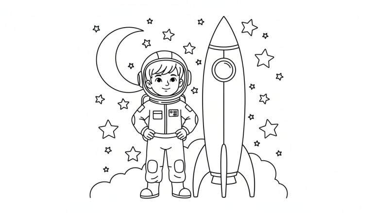 Kleurplaat van een lachende jongen in een astronautenpak met handen in de zij, naast een puntige raket met een rond venster en drie stabilisatievinnen. Op de achtergrond een halve maan, talloze sterren en wolkjes onder de raket.