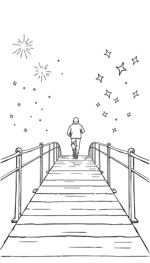Zwart-witte lijntekening van een persoon die van achteren gezien over een houten brug rent, met sterren en vuurwerkachtige figuren in de lucht erboven.