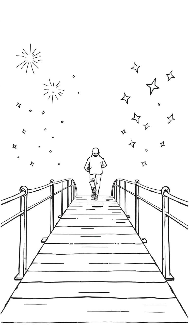 Zwart-witte lijntekening van een persoon die van achteren gezien over een houten brug rent, met sterren en vuurwerkachtige figuren in de lucht erboven.