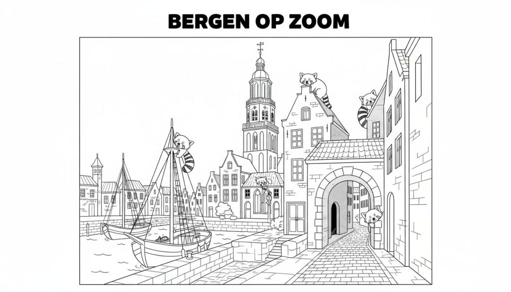 Zwart-wit kleurplaat van Bergen op Zoom met water, boten, historische gebouwen, een kerktoren, een poort en vijf rode panda's verstopt.