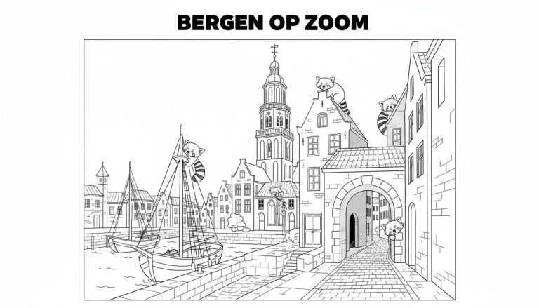 Zwart-wit kleurplaat van Bergen op Zoom met water, boten, historische gebouwen, een kerktoren, een poort en vijf rode panda's verstopt.