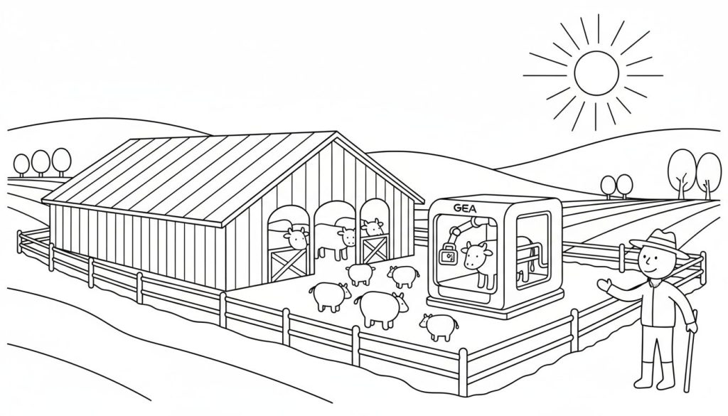 Kleurplaat van een boerderijlandschap met koeien, een stal, een GEA melkrobot en een boer die zwaait.