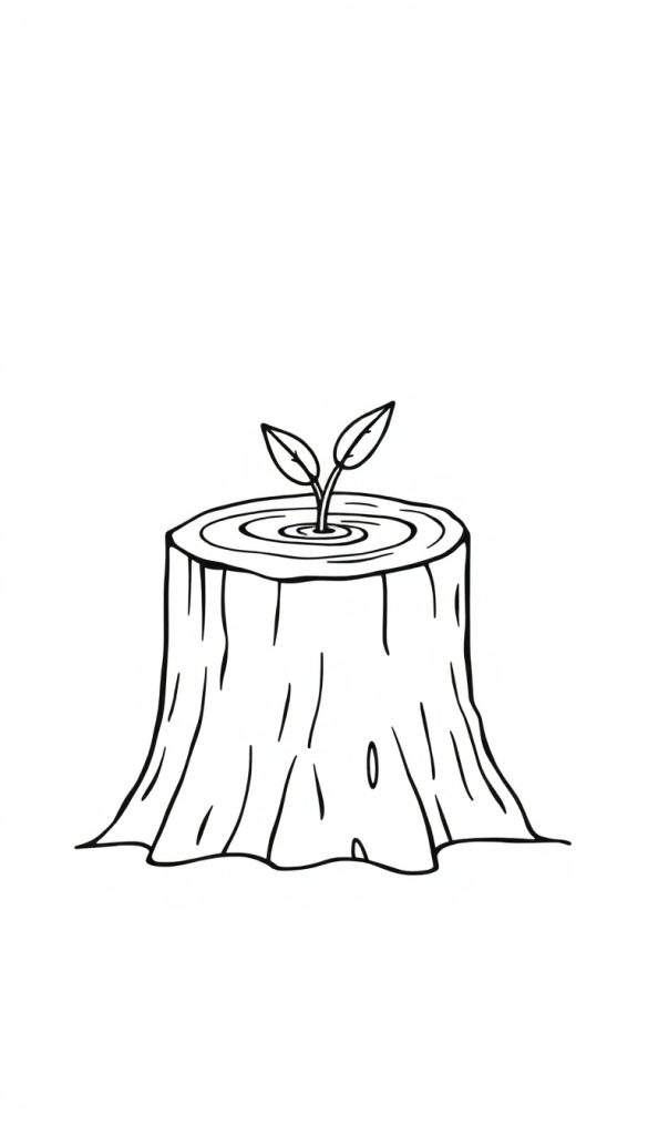 Zwart-wit lijntekening van een boomstronk met een jong plantje dat eruit groeit. De boomstronk heeft zichtbare jaarringen en schorslijnen, het plantje heeft twee blaadjes en wordt omringd door kleine cirkels.