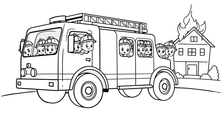 Zwart-wit kleurplaat van een brandweerwagen met acht vrolijke kinderen die brandweerhelmen dragen en uit de ramen kijken. De wagen rijdt op een weg naar een huis met grote vlammen uit het dak.