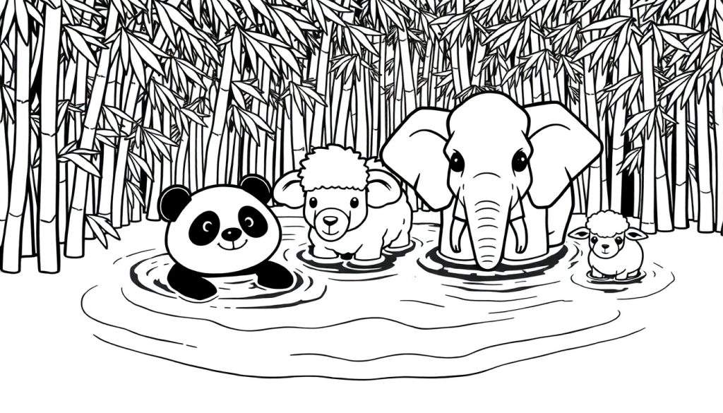 Kleurplaat van een panda, twee lammetjes en een olifant in een waterplas met bamboebos op de achtergrond. De dieren kijken vrolijk naar voren.