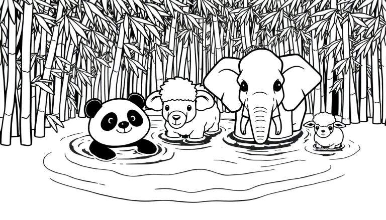 Kleurplaat van een panda, twee lammetjes en een olifant in een waterplas met bamboebos op de achtergrond. De dieren kijken vrolijk naar voren.