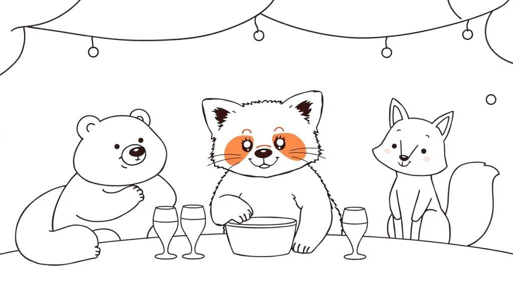 Kleurplaat van drie antropomorfe dieren: een lachende beer, een rode panda die uit een kom eet, en een lachende vos, samen aan tafel onder een slinger met lampjes. Er staan glazen op tafel.