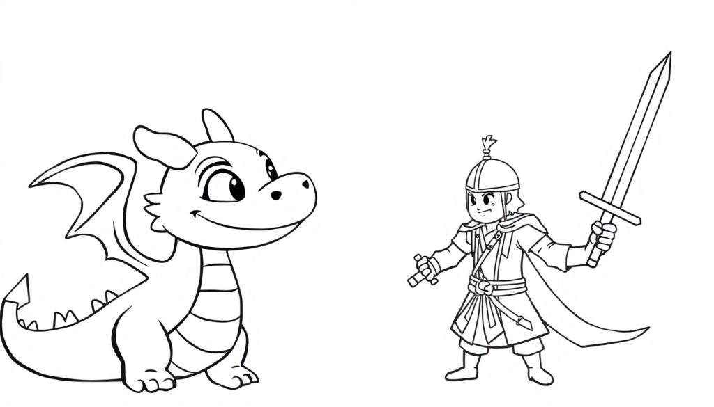 Zwart-wit kleurplaat van een vriendelijke draak die naar een ridder kijkt die klaarstaat met zijn zwaard.