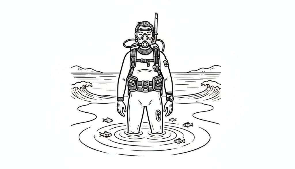 Een zwart-wit lijntekening van een duiker die tot zijn kuiten in het water staat, met een duikfles, masker en snorkel. Kleine vissen zwemmen rond zijn benen in de rimpelingen. Op de achtergrond de zee met golven en bergen.