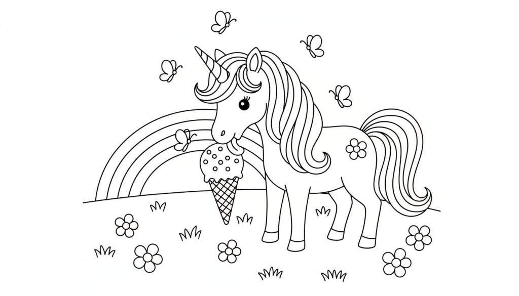 Een zwart-wit tekening van een schattige eenhoorn die een ijshoorntje likt, met een regenboog en vlinders op de achtergrond.