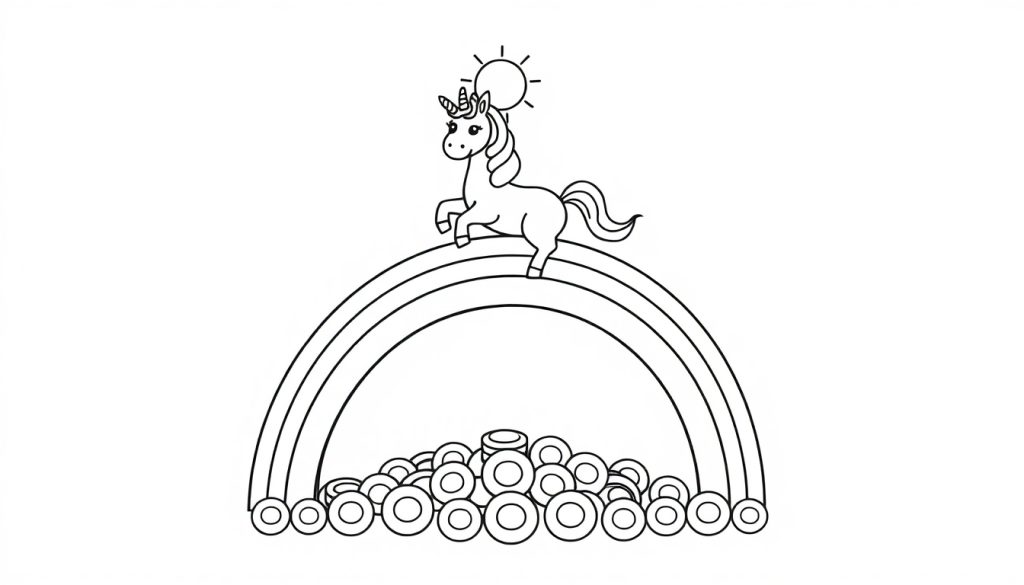 Zwart-wit lijntekening van een eenhoorn die op een regenboog staat met een zonnetje erboven en een stapel munten eronder.