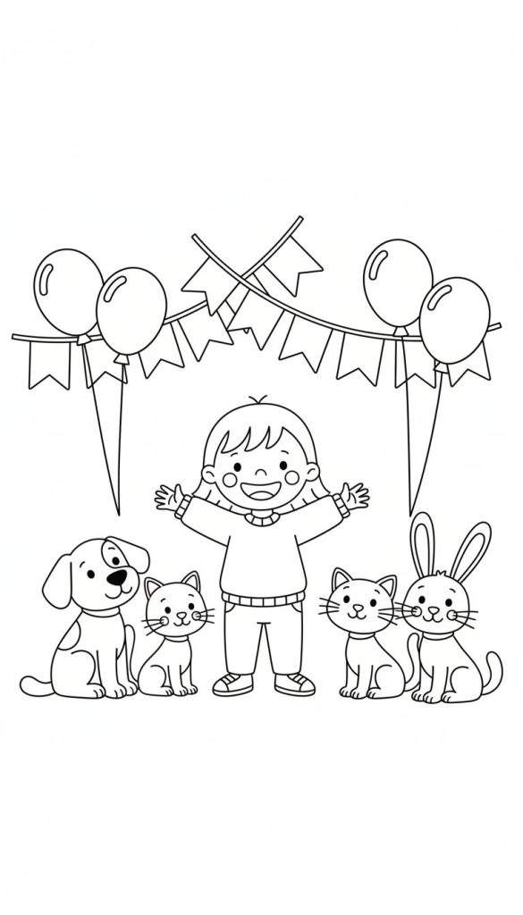 Zwart-wit kleurplaat van een lachend meisje met open armen, omringd door een hond, twee katten en een konijn, met feestelijke ballonnen en een vlaggetjesslinger erboven.