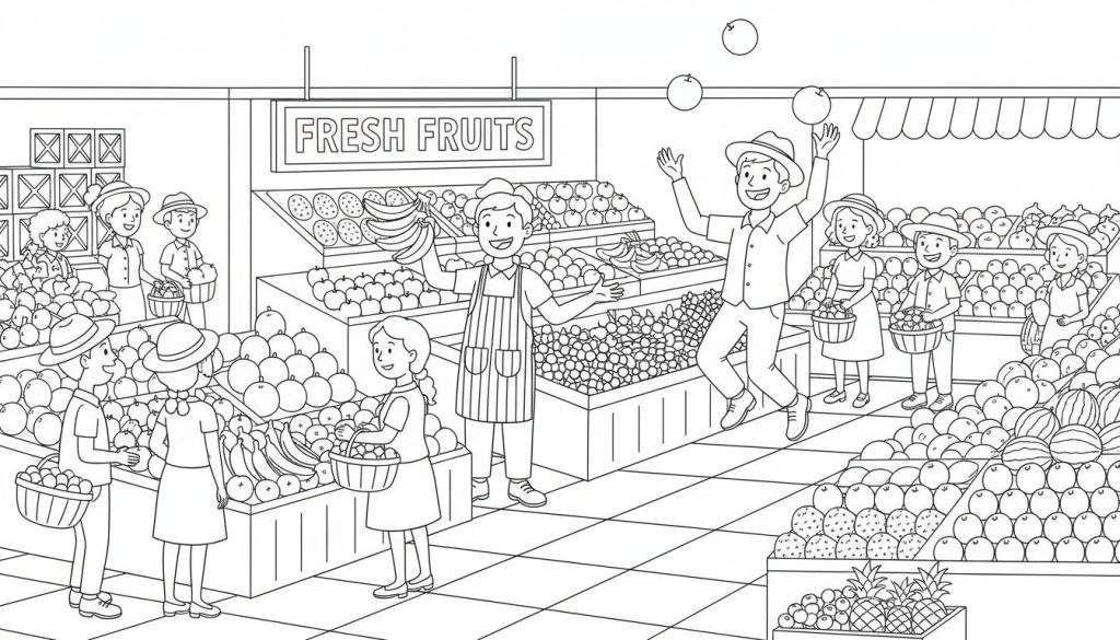 Zwart-wit kleurplaat van een levendige fruitmarkt met verkopers, klanten, mandjes vol appels, sinaasappels, bananen, watermeloenen en ananassen. Een verkoper met schort houdt bananen omhoog en een jong meisje met een mandje luistert. Een man met een hoed jongleert met fruit.