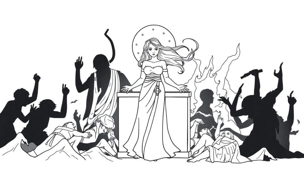 Zwart-wit illustratie van een sereen vrouwelijk figuur in het midden, omringd door chaotische silhouetten van rebellerende mensen, demonische figuren en vlammen. Het beeld symboliseert de strijd tussen orde en chaos.