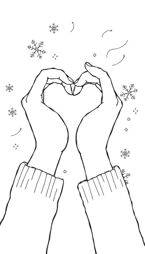 Zwart-wit lijntekening van twee handen die een hart vormen, met sneeuwvlokken, sterretjes en winterse lijnen.